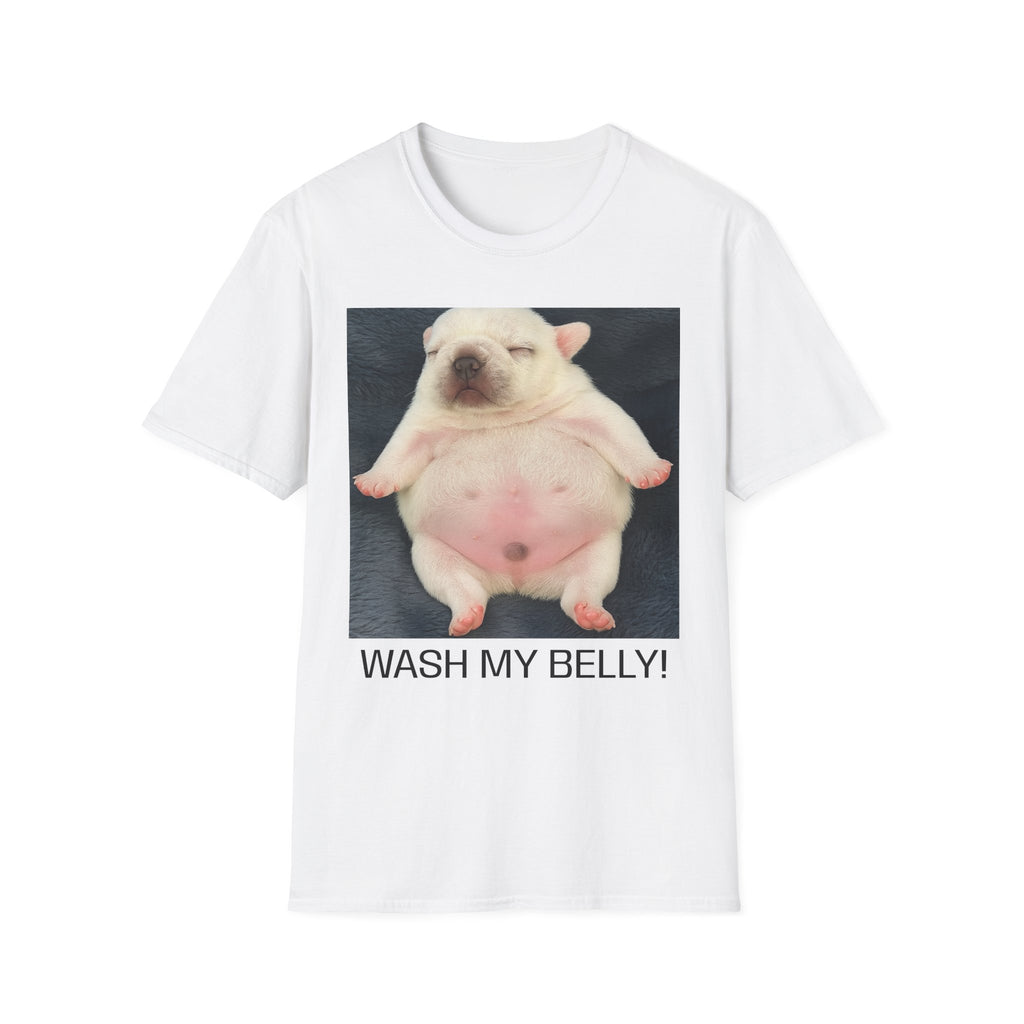 PIBBLE T SHIRT - 'Wash My Belly!' Unisex Softstyle T-Shirt, Perfect Gift for Dog Lovers, Funny Animal Shirt, Cute Pet Apparel, Casual Wear